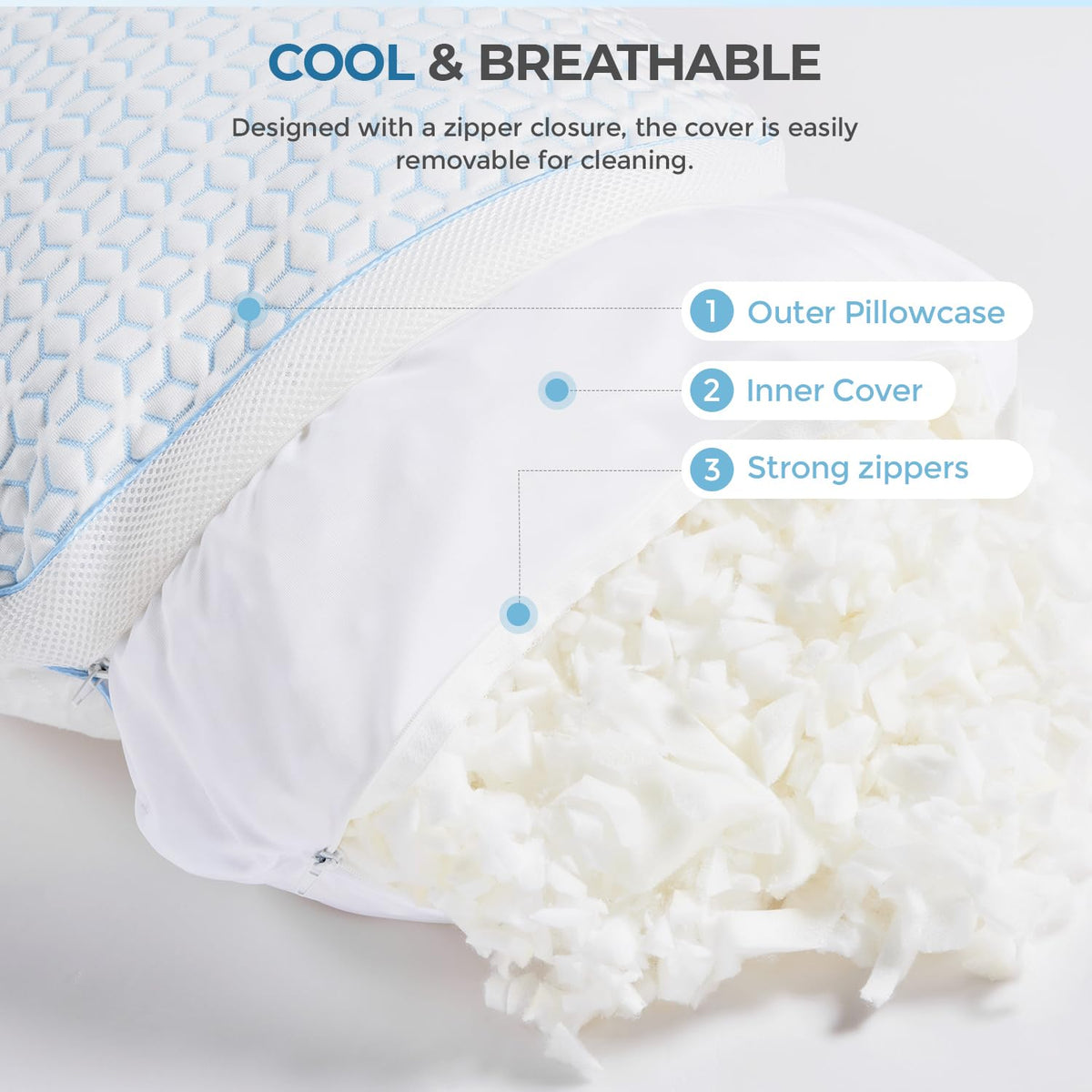 Sweetnight Cooling Pillows Queen Size Set of 2, Shredded Memory Foam Pillows 2 Pack for Hot Sleepers, Cold Bed Pillows for Sleeping, Washable with Removable Cover, Cool Night
