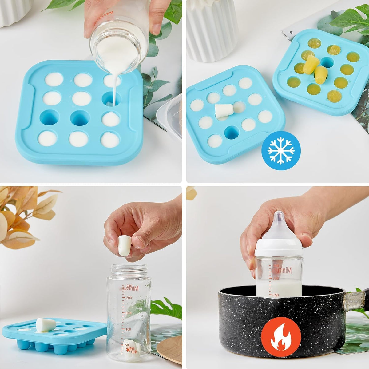 Anteecana Silicone Baby Food Teether Feeder, Breastmilk Popsicle Molds, 2 Pack Freezer Tray with Lid, 3 Sizes Food Pouches