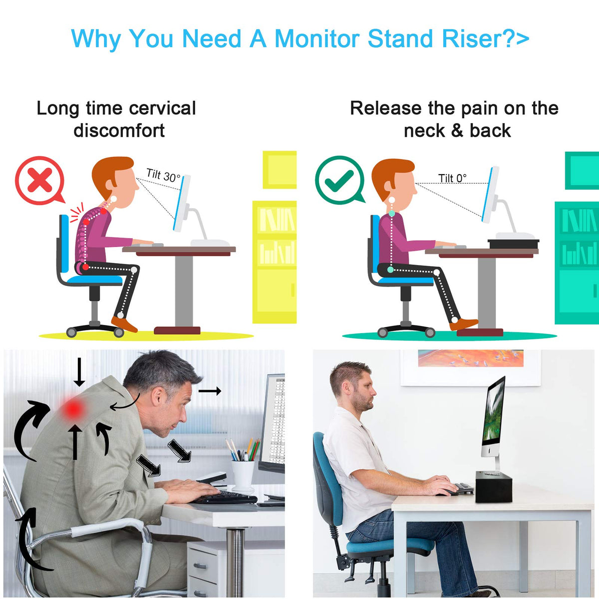 Marbrasse Monitor Stand Riser, 16.5 Inch 2 Tier Computer Printer Shelf Stand for Laptop Computer Screen Storage, Desktop Stand with Phone Holder and Cable Management Black