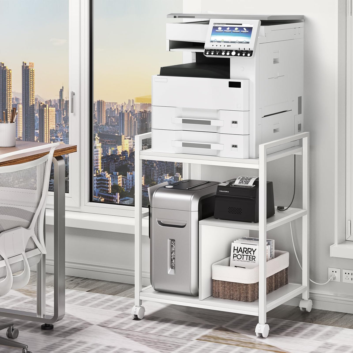 Lerliuo Printer Stand with Charging Station and USB Ports, Large 3-Tier Mobile Printer Table with Storage Shelf, White Rolling Industrial Printer Cart with Lockable Wheels for Home Office