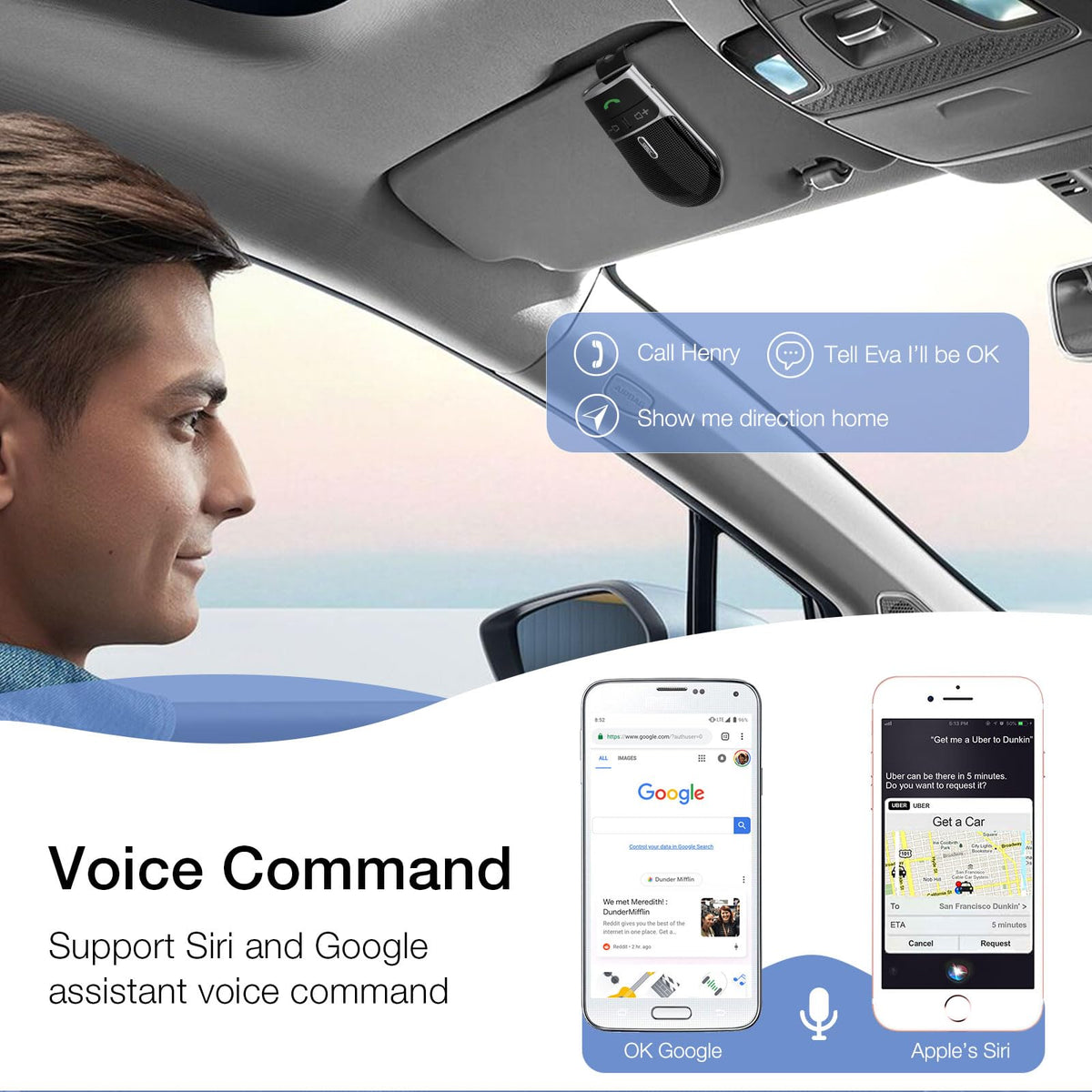 Bluetooth Phone Speaker for Car, SUNITEC Hands Free Bluetooth Car Speaker for Cell Phone, Support Siri Google Voice Assistant, AUTO Power ON Off, Speakerphone with Visor Clip