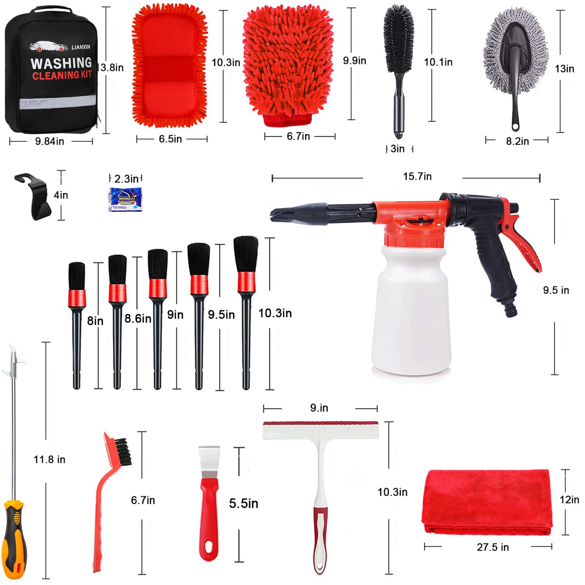LIANXIN Car Wash Kit Car Wash Cleaning Kit with Car Wash Foam Gun Microfiber Sponge and Towels Tire Brush Built, Car Foam Gun, Car Cleaning Tool