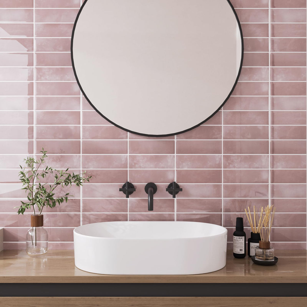 VaryPaper 20 Sheets Pink Peel and Stick Backsplash for Kitchen Back Splash Stick on Tiles Waterproof Bathroom Backsplash Tile Stickers Removable Self Adhesive Wall Tiles for Laundry Room 12''x12''