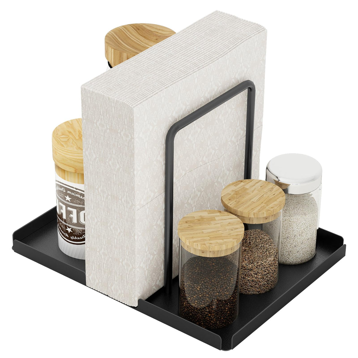 LSK Napkin Holder, Metal Napkin Holder for Table with Salt and Pepper Shakers Caddy, Napkin Storage Dispenser for Kitchen Dinner Table and Picnic Decors, Black