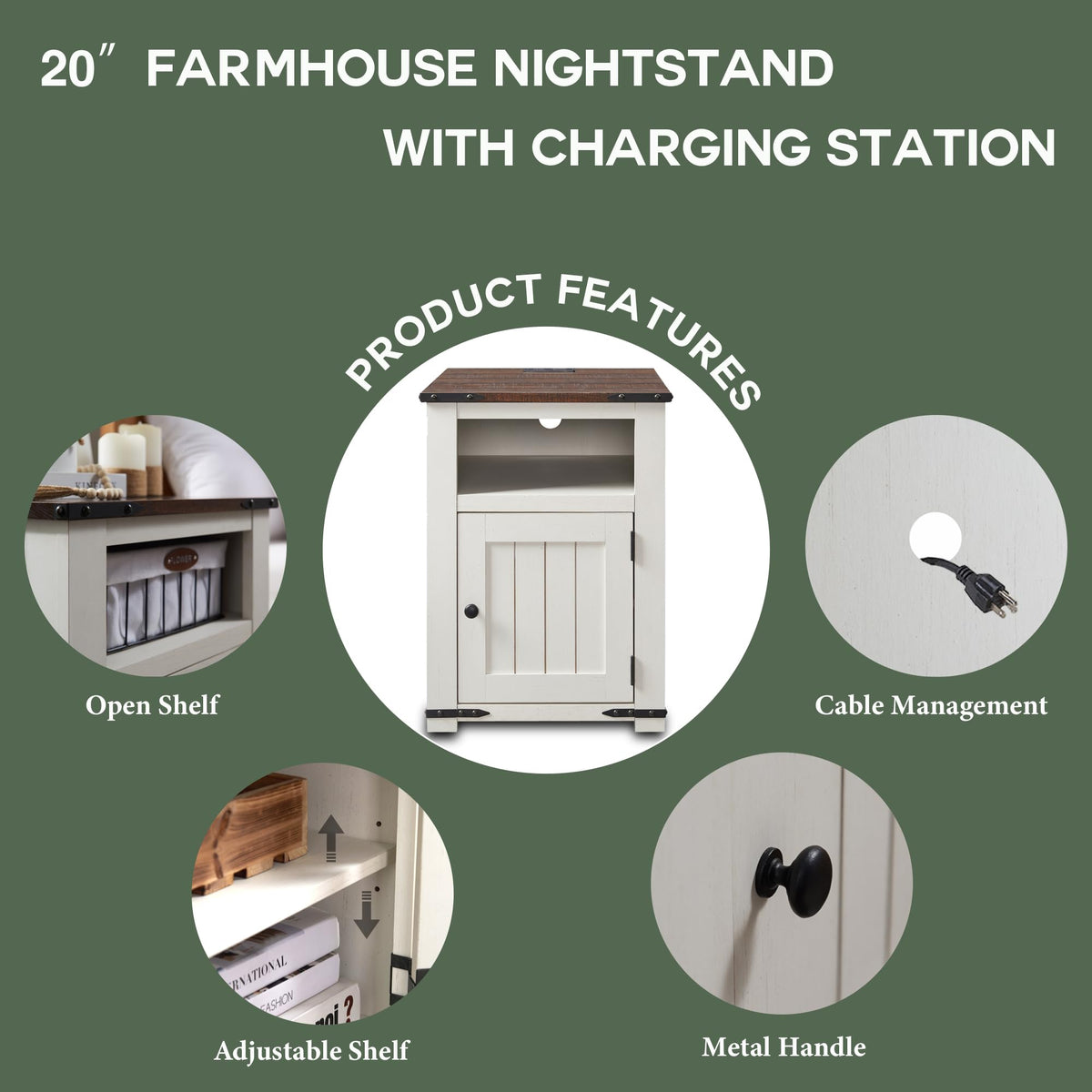 IFGET Farmhouse Nightstand with Charging Station, 20" Rustic End Table w/Barn Door, Wood Sofa Side Bedside Table w/Open Shlef & Stroage Cabinet for Bedroom (White)