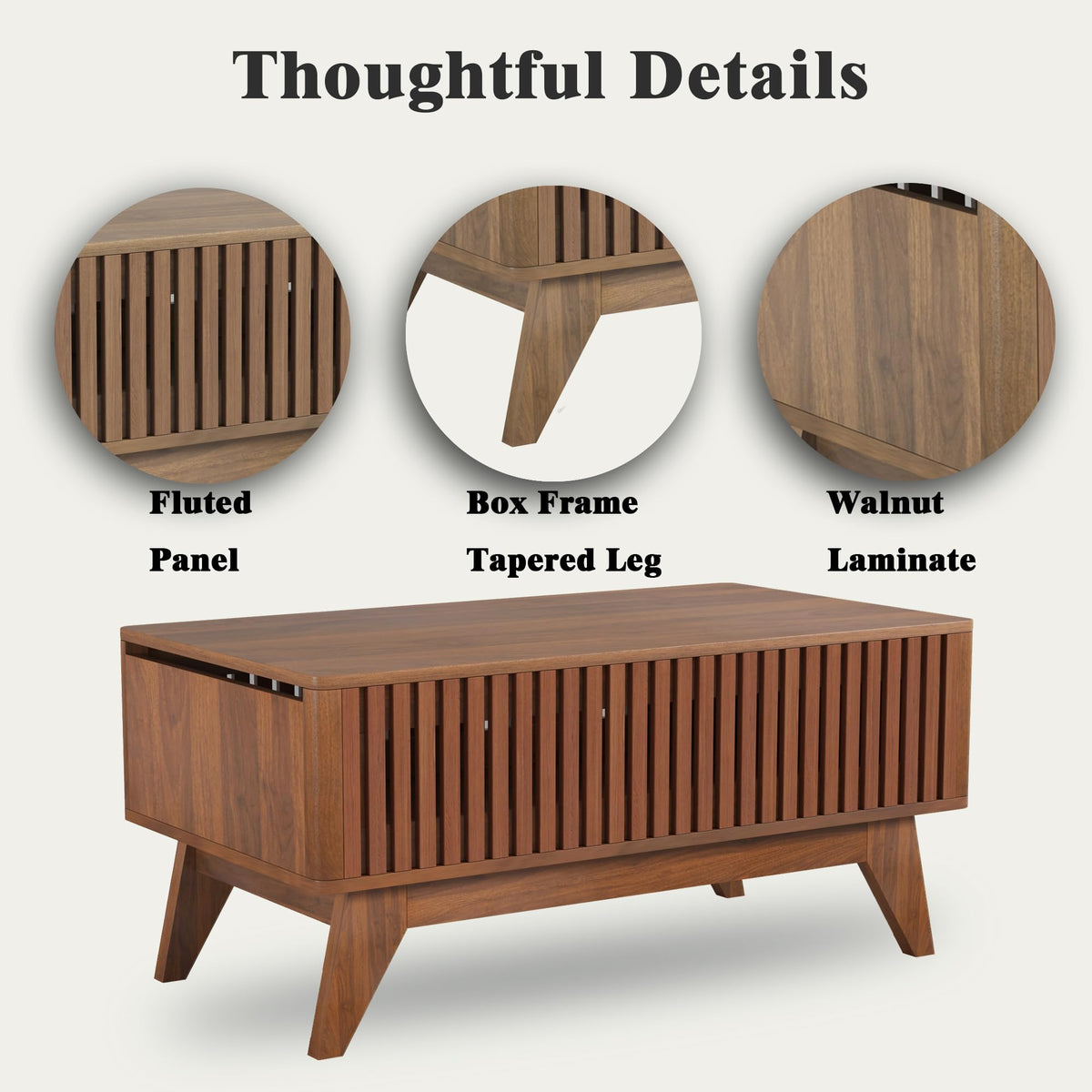 Lift Top Coffee Table with Hidden Compartment, Mid Century Modern Coffee Table for Living Room, Fluted Design Farmhouse Center Table with Storage (Walnut, 35.4" W)