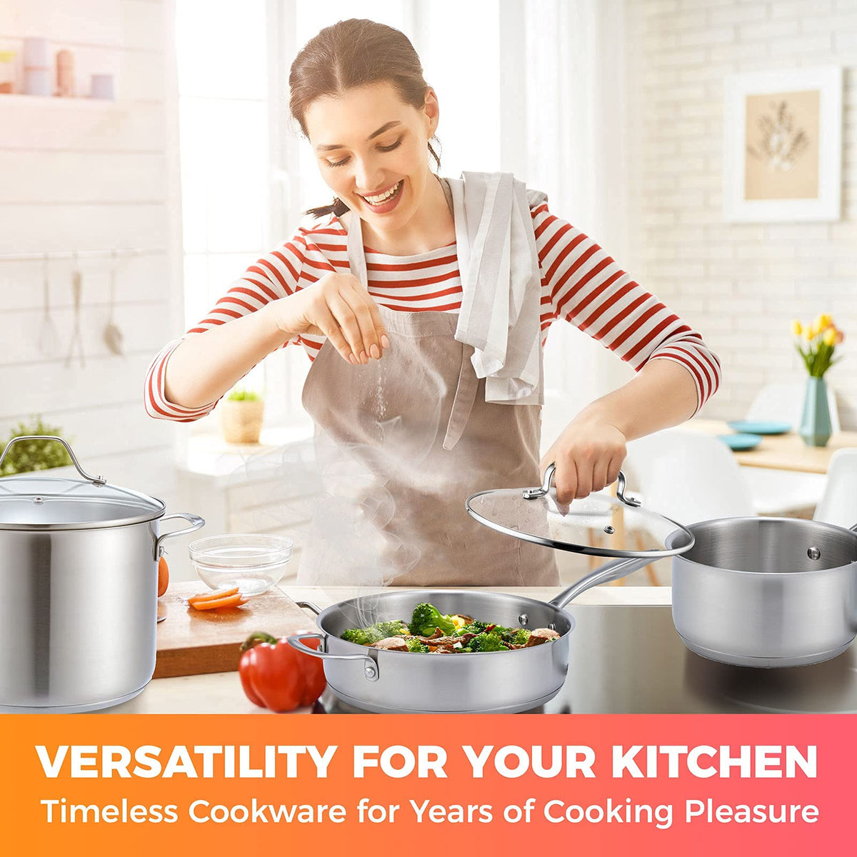 Mueller Pots and Pans Set 17-Piece, Ultra-Clad Pro Stainless Steel Cookware Set, Ergonomic EverCool Handle, Induction Cookware, Includes Saucepans, Skillets, Dutch Oven, Stockpot, Steamer For Cooking