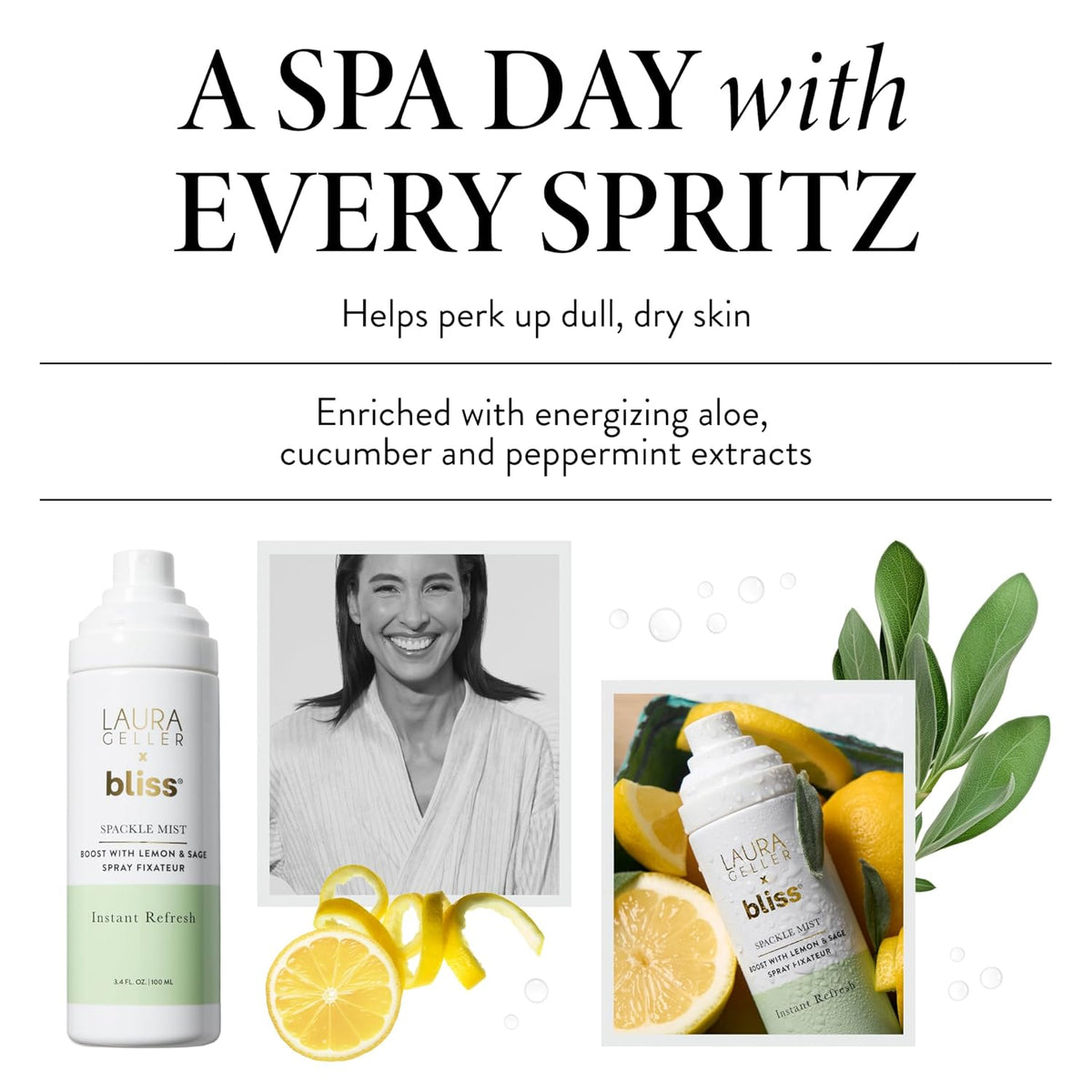 LAURA GELLER NEW YORK x Bliss Spackle Mist Boost with Lemon & Sage - Long-Lasting Dewy Skin Makeup Setting Spray - Brighten and Soothe Dull Skin