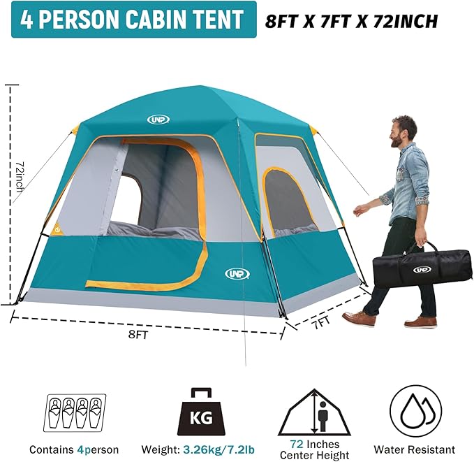 UNP 2/4/6/8 Person Tent, Portable Cabin Tent, Camping Tent 4-Person Easy Set Up, Waterproof with Top Rainfly for Outdoor Camping/Hiking