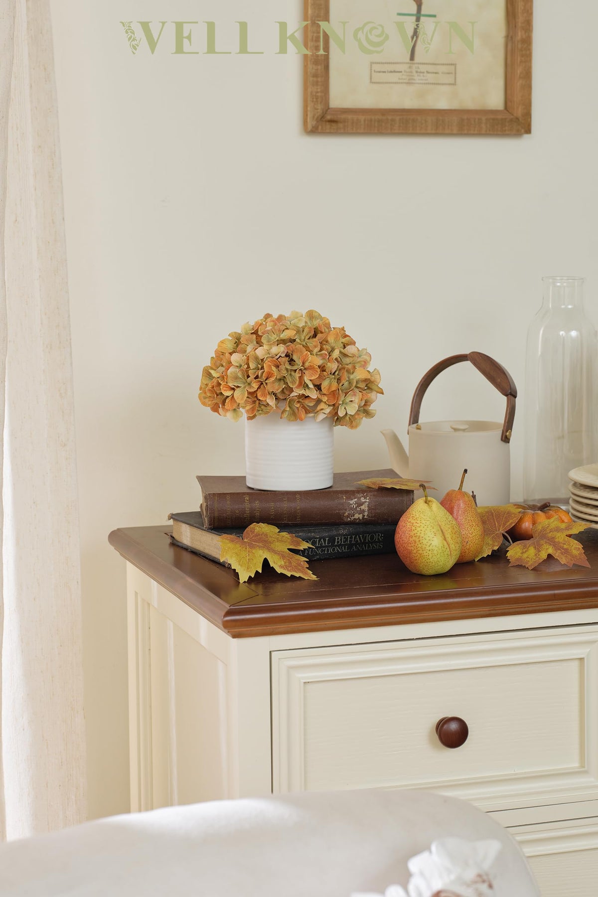 Hydrangea Fake Flowers in Vase, Artificial Flowers with Ceramic Vase Small Faux Potted Floral Arrangements for Bathroom Home Desk Kitchen Counter Vanity Shelf Coffee Table Centerpiece Decor (Orange)