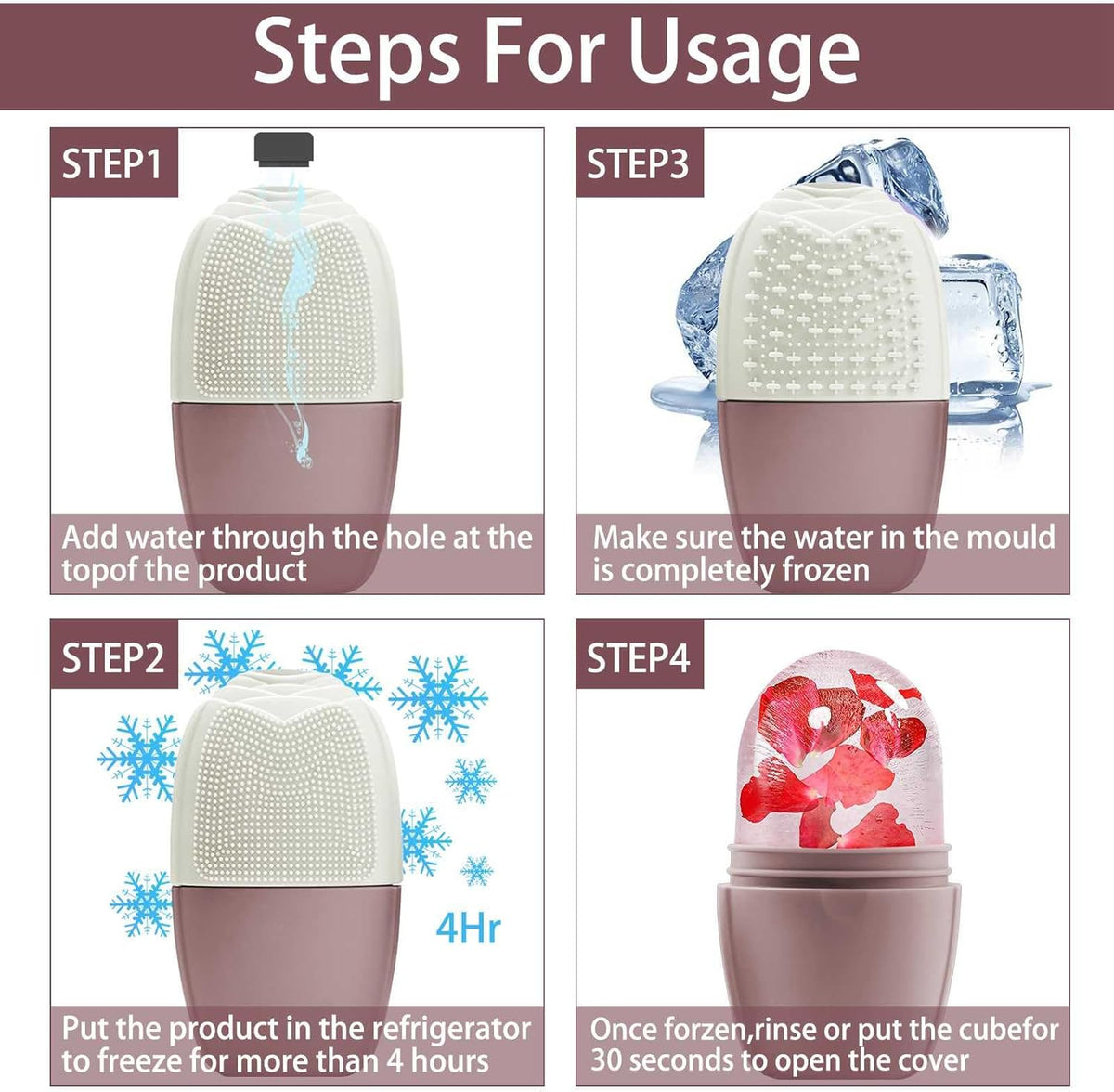KOGITI Face Ice Roller & Mold - Beauty Facial Massage Tool for Puffiness Relief, Ice Cube Holder (Brush-Brown)