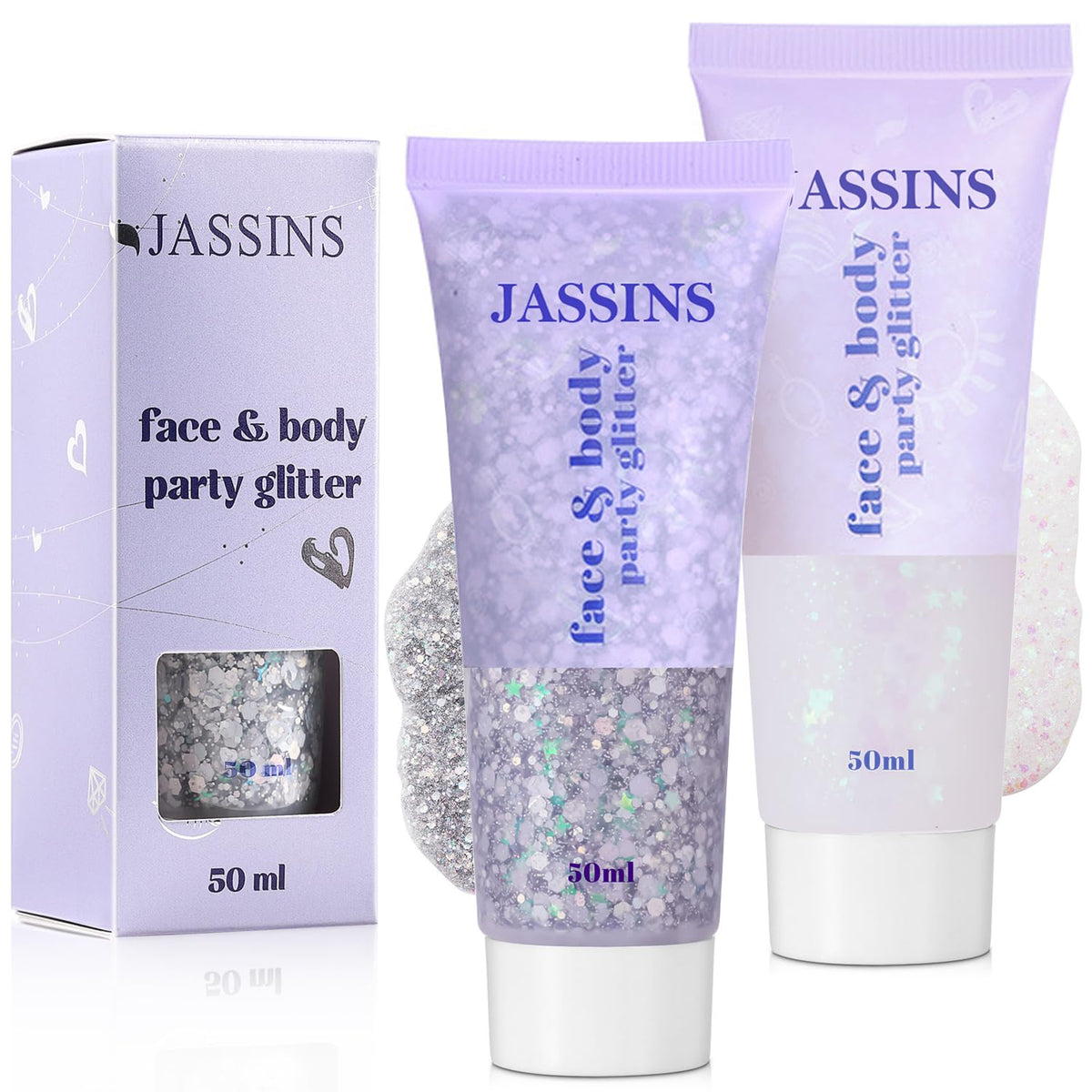 JASSINS 2 Pack Face Body Glitter, 100ml Silver White Glitter Gel Makeup for Women Girls Kids, Singer Concerts Festival Rave Accessories, Chunky Mermaid Sequins Glitter
