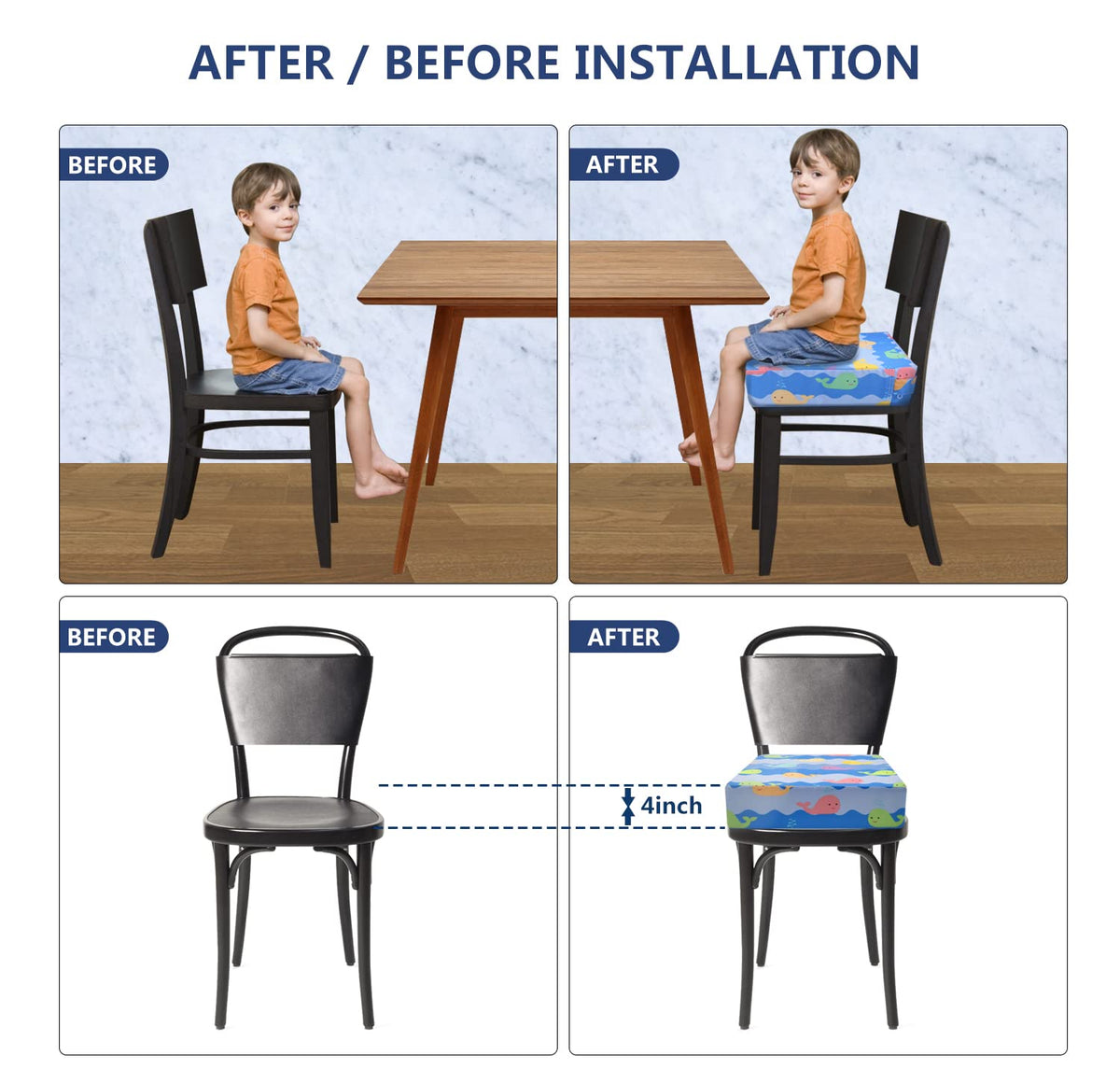 Toddler Booster Seat for Dining Table, 4inch Toddler Cushion, Portable Booster Seats Baby, Adjustable Kids Chair Heightening Booster, Washable Chair Seat Pad Mat for Kids. (Blue)