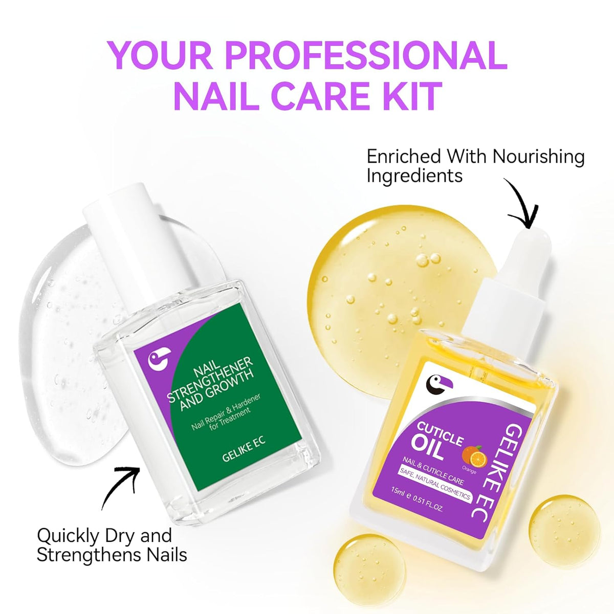 Nail Strengthener & Cuticle Oil Kit: Orange & Clear (15ml) - Protein Nail Hardener for Weak Nails - Vitamin E Enriched - Fast Growth & Repair - Salon & Home Use