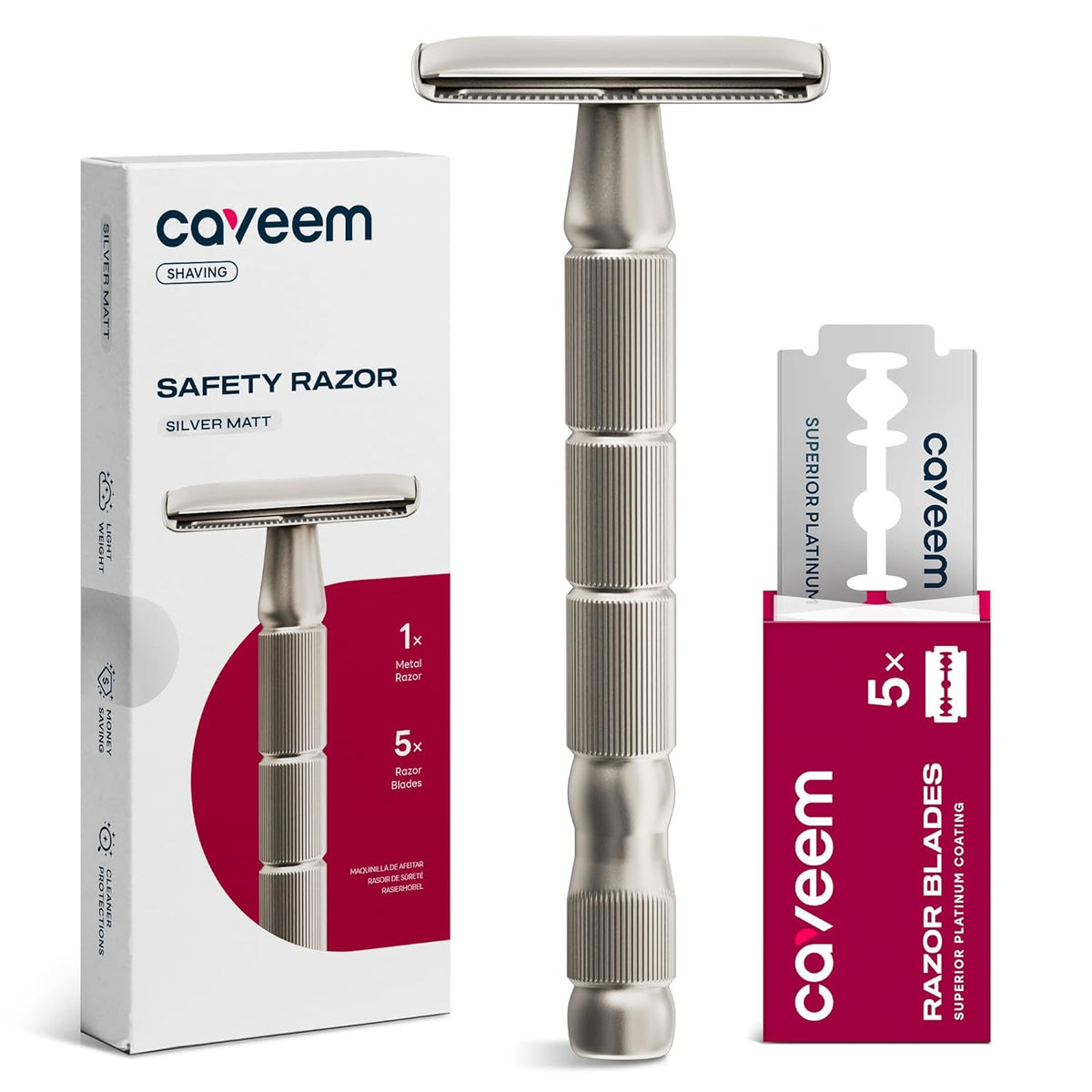 Double-Edge Safety Razor, Single-Blade Razors with 5 Stainless Steel Safety Razor Blades for Men and Women, Reusable Metal Razor – Silver Matt