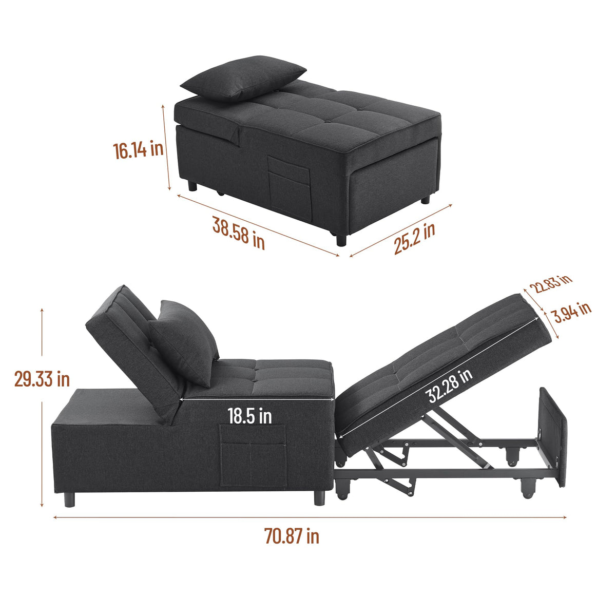 LegacyAmerhome Sleeper Chair, 4-in-1 Multi-Functional Sofa Bed Chair, Single Recliner with Pillow Side Pockets and 5 Levels of Adjustable Backrest, for Living Room Bedroom (Dark Gray)
