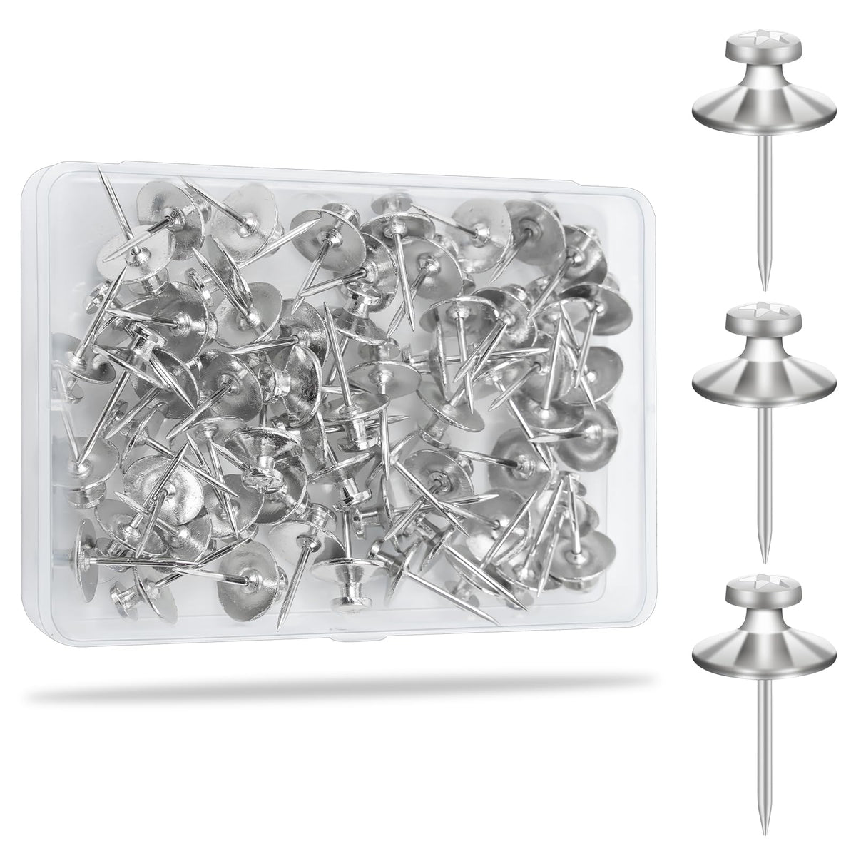 KURUI 60Pcs Double Headed Nails for Hanging Pictures, Wall Hangers Without Nails, Thumb Tacks for Wall, Renter Friendly Decor Push Pins for Tapestry Frame Art, Picture Hangers-Silver