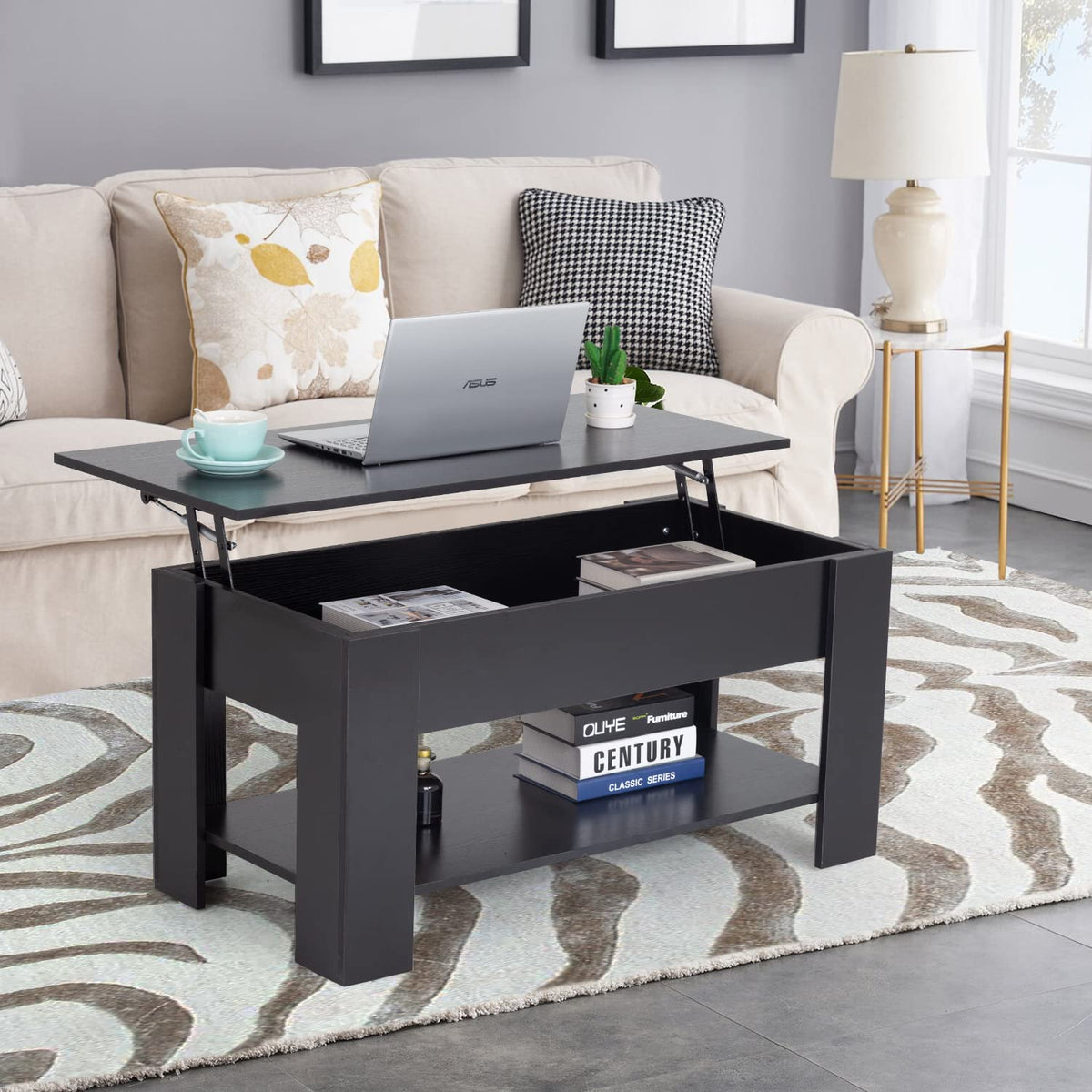 FDW 39.4" Lift Top Coffee Table with Hidden Compartment and Storage Shelf Wooden Lift Tabletop for Home Living Room Reception Room Office (Black)