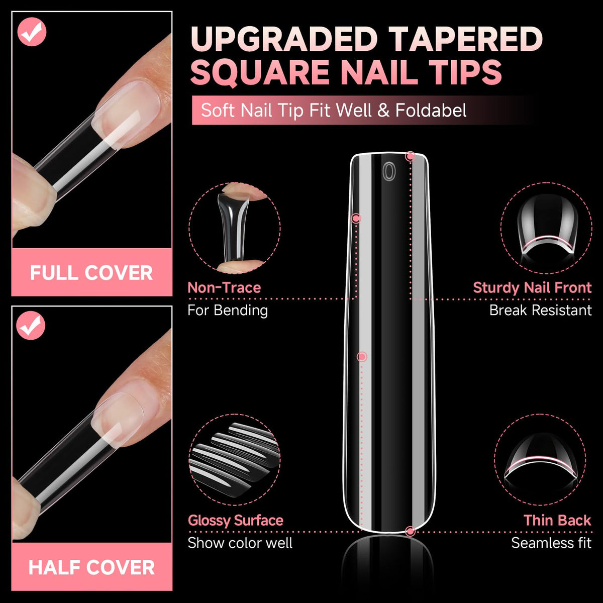 UNA GELLA Extra Long Tapered Sqaure Nail Tips Full Cover 504pcs No C Curve Clear Gel Nail Tips XXL Long Straight Nails Tips Acrylic Nails Square Gel Nails for DIY Nail Art 12 Sizes