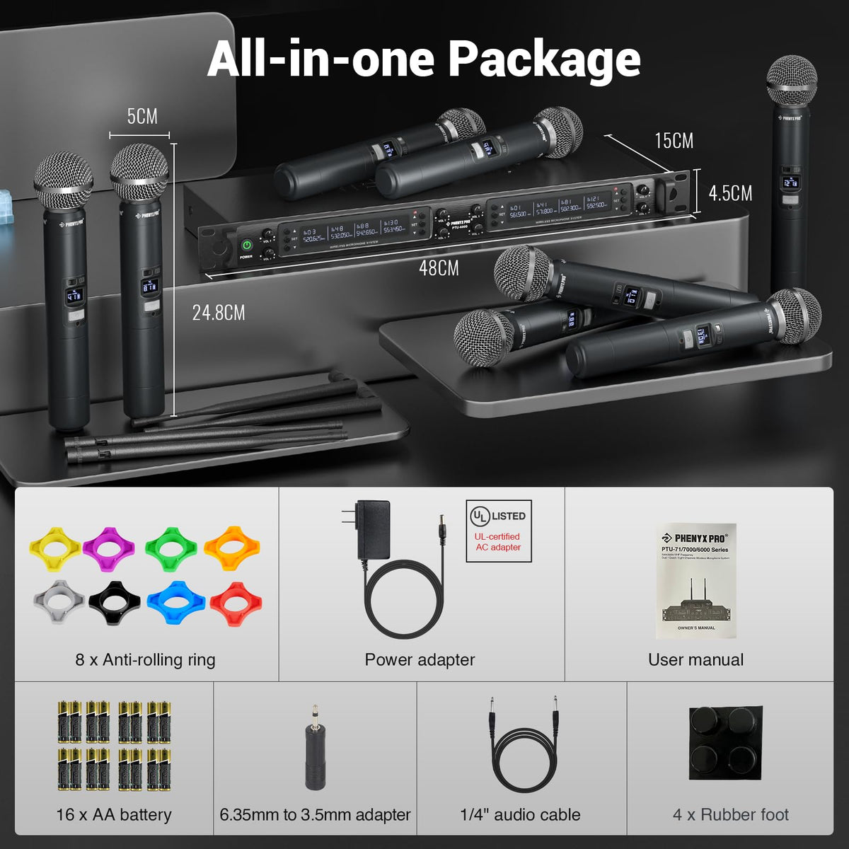 Phenyx Pro Wireless Microphone System, 8-Channel Wireless Mic, w/ 8 Handheld Dynamic Microphones, Auto Scan,8x40 UHF Frequencies, 328ft Range, Mics for Singing,Church, Karaoke(PTU-6000-8H)