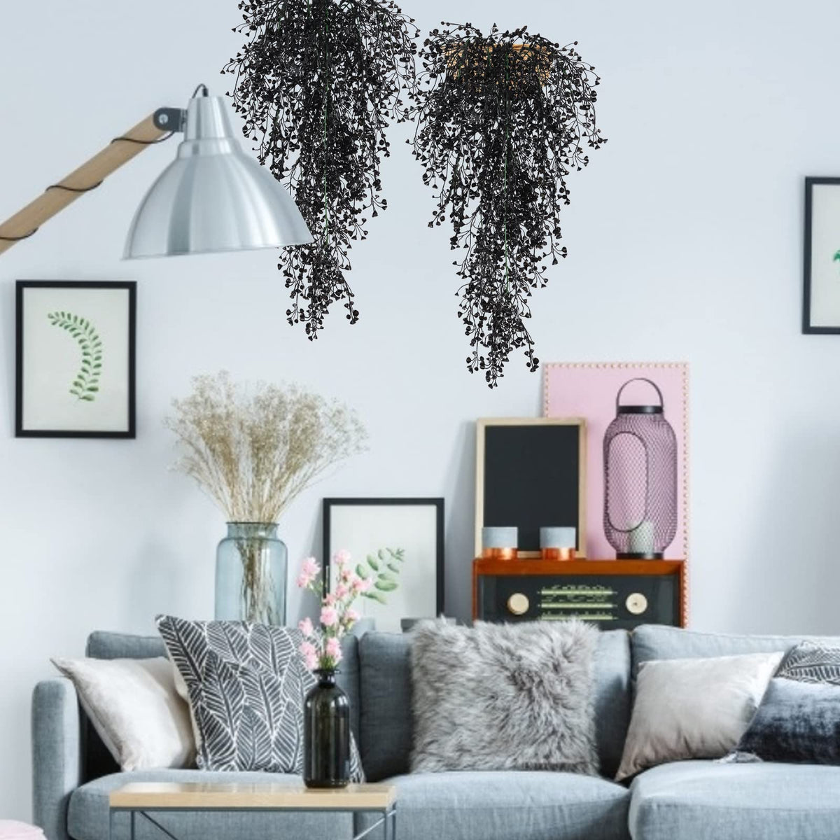 RECUTMS Artificial Hanging Plants Indoor 4 Pcs Artificial Ferns Plants Large Faux Hanging Plant Wall Plants Fake Ivy Room Fall Home Garden Wedding Halloween Party Indoor Outdoor Decor(Black)