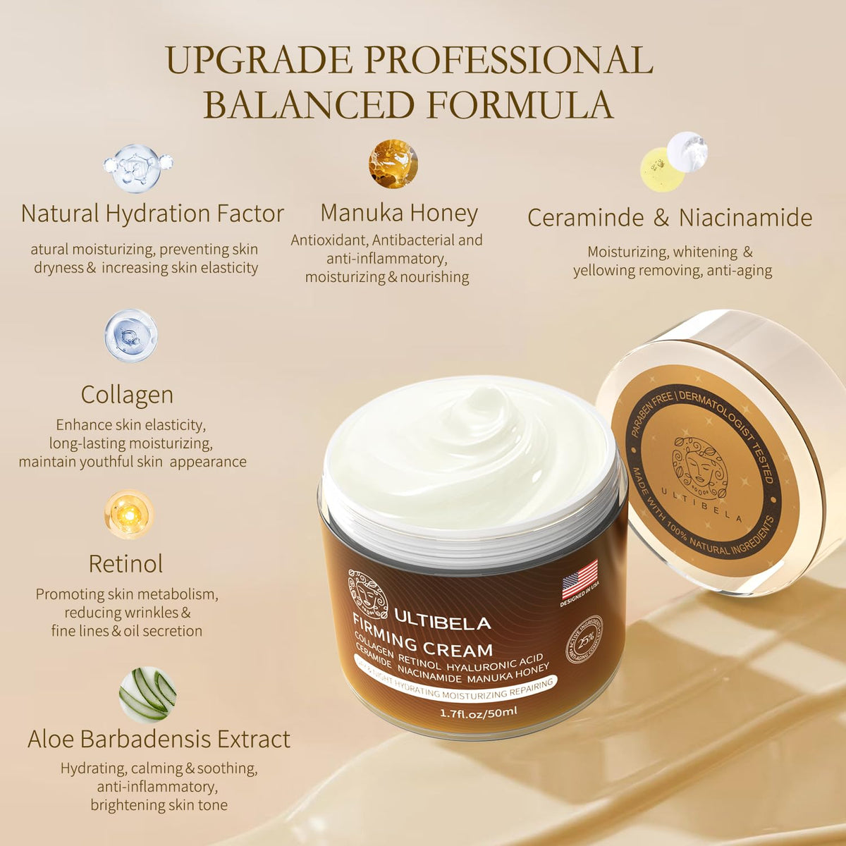 Tighten and Lift Neck Cream, Deep Hydration Neck Firming Cream with Retinol, Collagen & Honey Anti-Aging & Wrinkle Moisturizer for Face, Neck & Décolleté Women & Men 1.7 Fl Oz