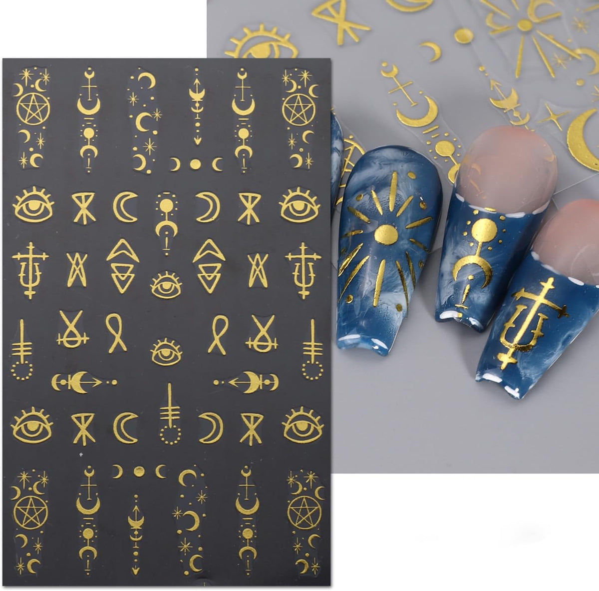 5 Sheets Metallic Gold Nail Art Stickers 3D Self-Adhesive Nails Stickers Bohemian Sun Moon Hexagram 3D Decal Supplies Women DIY Gold Metal Nail Art Decoration