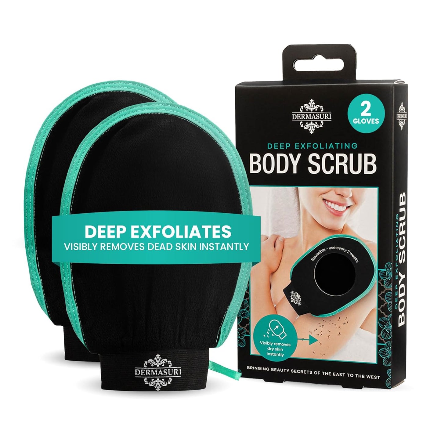 Dermasuri Deep Exfoliating Glove for Shower - Scrubbing Mitt Body Scrubber Gloves Skin Exfoliator & Eliminates Dead Skin - Keratosis Pilaris Scrub Spray Tan Remover - Korean Skincare for Body (2 Pack)