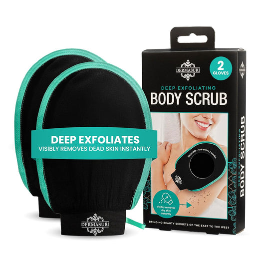 Dermasuri Deep Exfoliating Glove for Shower - Scrubbing Mitt Body Scrubber Gloves Skin Exfoliator & Eliminates Dead Skin - Keratosis Pilaris Scrub Spray Tan Remover - Korean Skincare for Body (2 Pack)