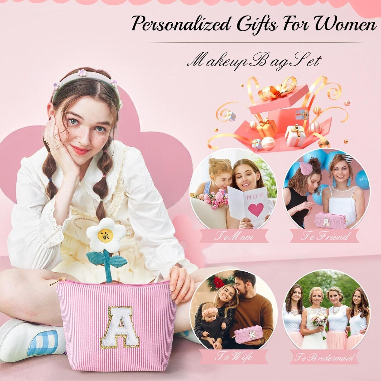 YOOLIFE Birthday Gifts for 3 4 5 6 7 8 9 10 11 12 13 Year Old Girls - Personalized Cute Pink Initial Birthday Gifts for Kids Makeup Bag for Girls Daughter Sister Teacher Friend Girlfriend K
