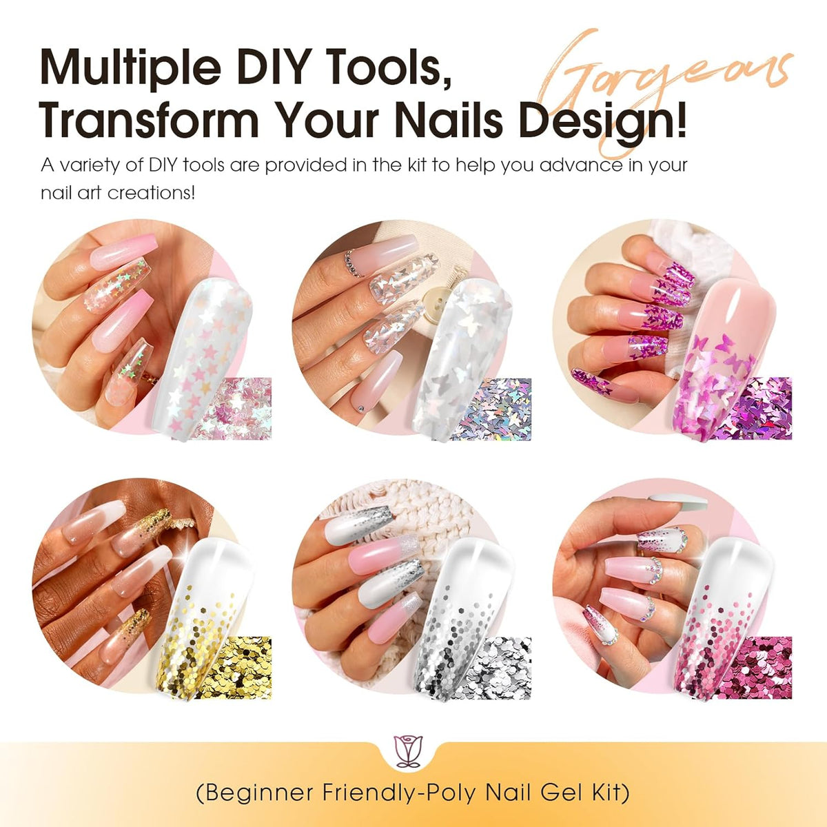Poly Nail Gel Starter Kit -14 Colors + 75 Nail Art Accessories Kit,ROSALIND Clear Pink Nude Glitter Poly Nail Gel with Big UV Light 48W and Electric Nail Drill Starter Kit