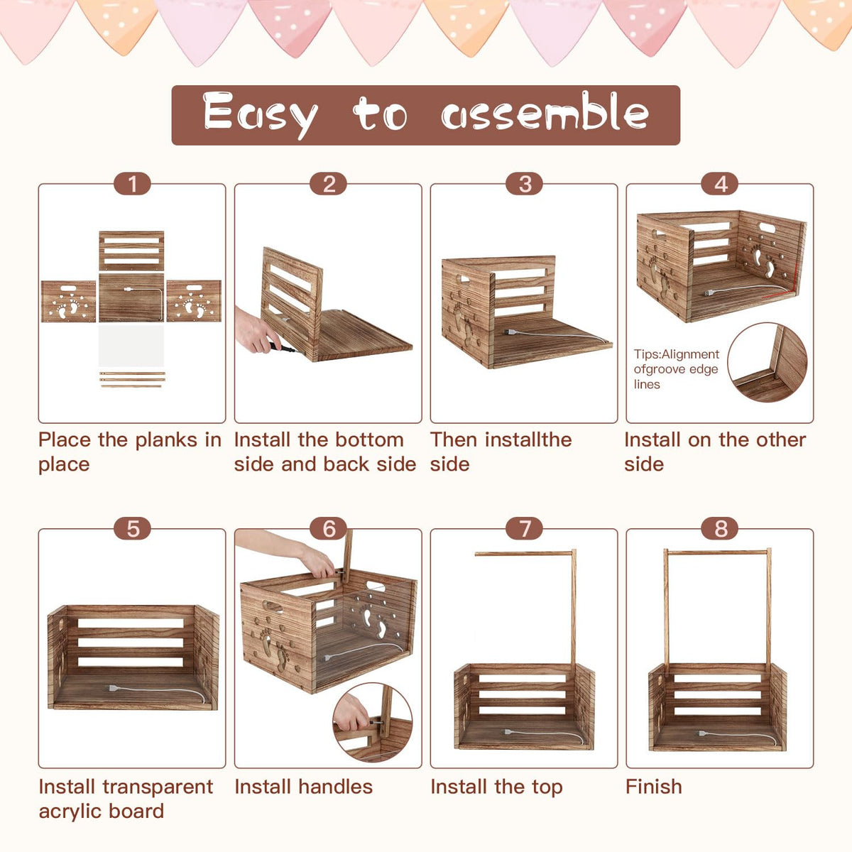 taessv Baby Shower Crate Closet Wooden Baby Shower Basket for Newborn Boys Girls Distinctive Baby Storage Basket with Light Up Welcome Baby Gift for New Parents (Brown)