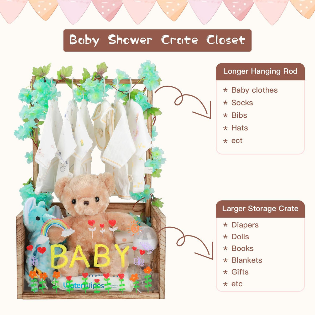 taessv Baby Shower Crate Closet Wooden Baby Shower Basket for Newborn Boys Girls Distinctive Baby Storage Basket with Light Up Welcome Baby Gift for New Parents (Brown)