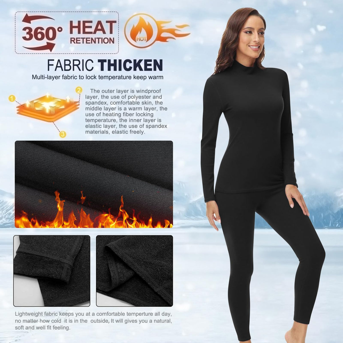 JOLLYBUYER Women's Mock Neck Thermal Underwear Winter Fleece Ultra-Soft Warm Base Layer Set Black
