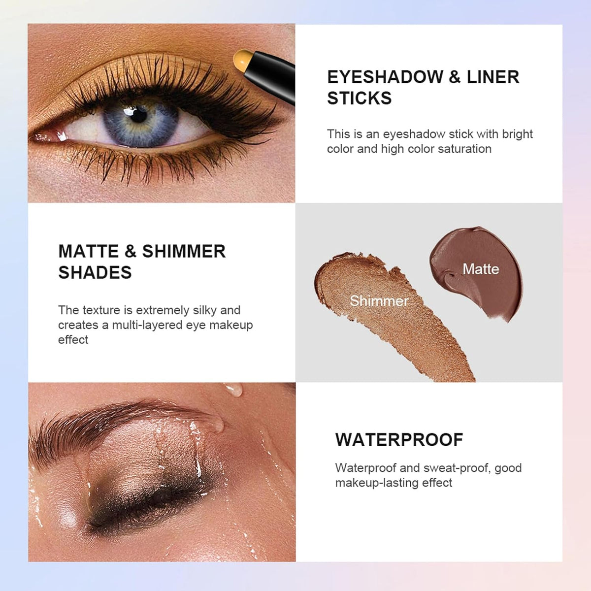 Eyeshadow Stick, Shimmer and Matte Cream Eye Shadow Brightener Sticks Eyeliner Pencil Crayon, Waterproof Long Lasting Eye Highlighter Stick Makeup,0.056 Oz (5PCS Shimmer)