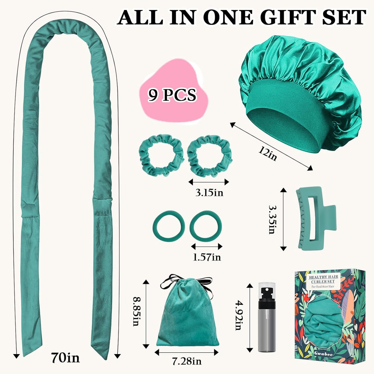 No Heat Overnight Curl Headband, 70" Soft Ribbon Wrap for Long Hair, 9 PCS Hair Curling Rods Set - Blue Green