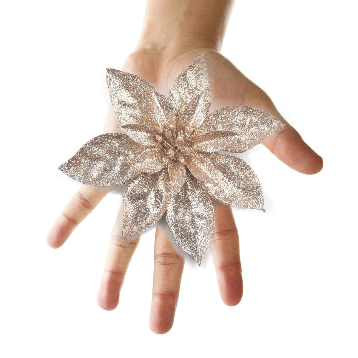 GL-Turelfies 12 Pcs Glitter Christmas Flowers(16cm/6.3’’) with 12 Pcs Clips Artificial Poinsettia Flower Christmas Tree Flower Decorations Xmas Tree Ornaments (Champagne)
