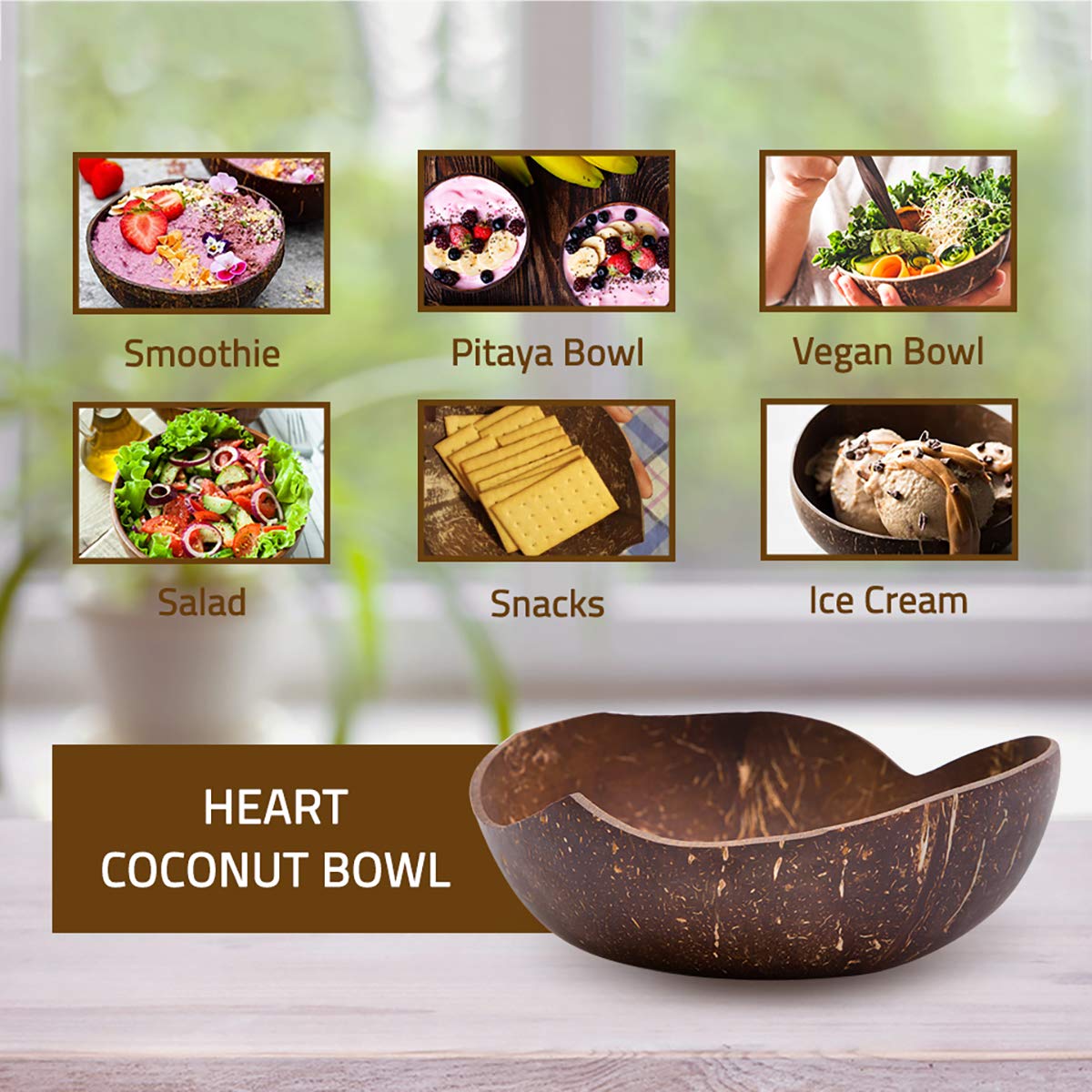 Rainforest Bowls Set of 2 Jumbo Heart Coconut Bowls, 2 Wooden Spoons & 2 Reusable Bamboo Straws - 100% Natural, Hand Carved by Artisans, Eco-Friendly & Sustainable - Smoothie/Acai/Salad Bowls
