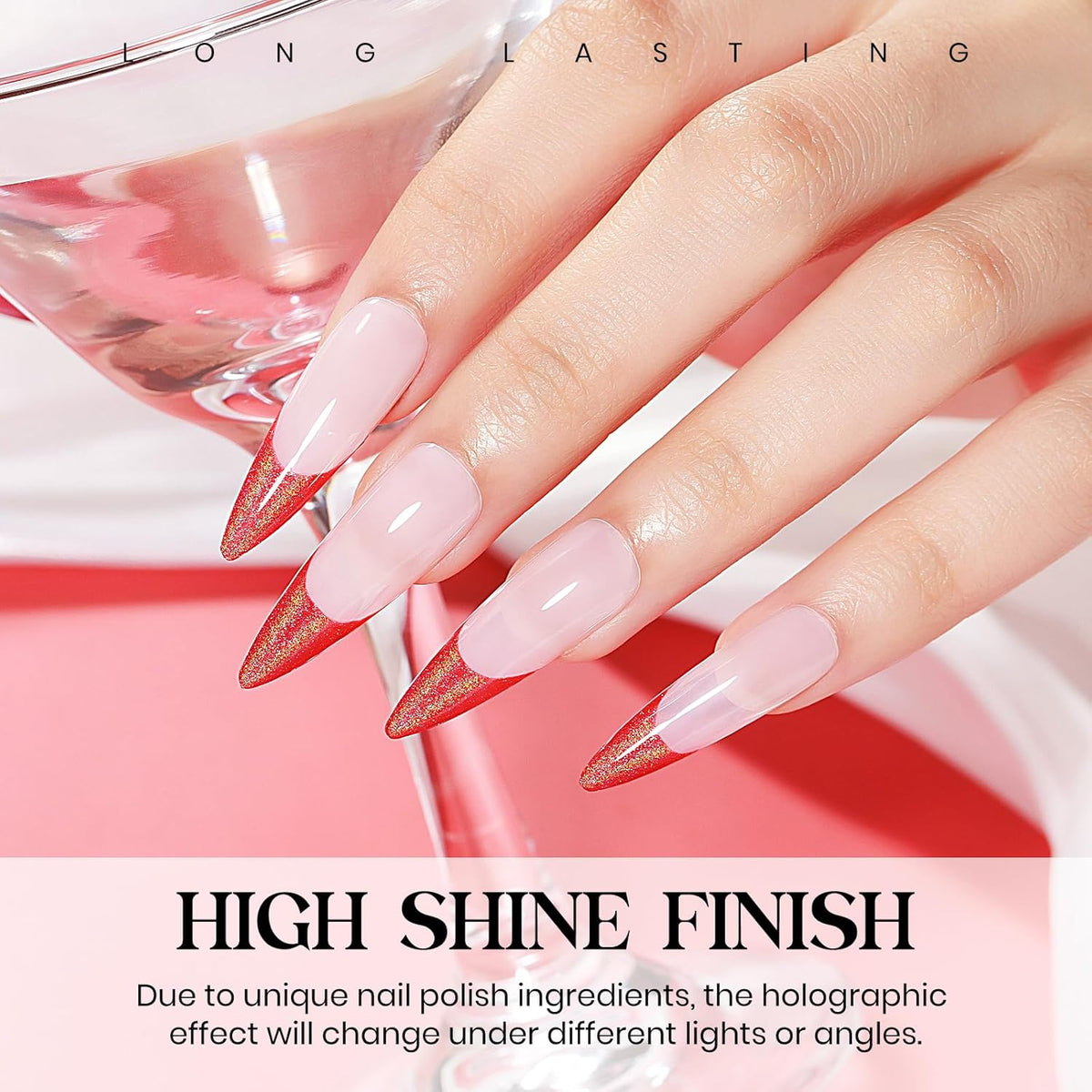 MIZHSE Holographic Nail Polish, Red Glitter Nail Polish Air Dry Fast, 15 ml 0.5 fl oz High Glossy Shiny Nail Pigment Oil-based Laser Iridescent Chrome Halo Nail Art Salon Manicure Home