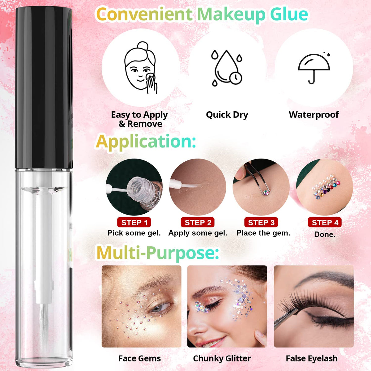 Colorful Flatback Face Gems and Beige Pearls for Makeup with Quick Dry Glue, Half Round Pearls Nail Art Rhinestones Glass Crystal Beads for Make-up Deco with Pickup Pencil + Tweezer