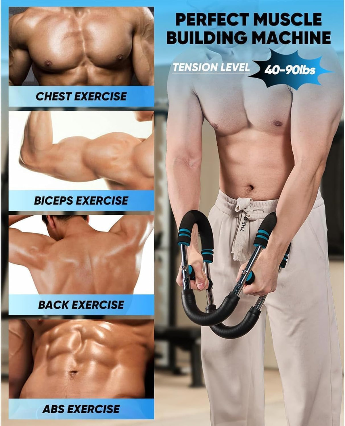 Twister Arm Trainer for Men - Adjustable Chest Workout Equipment for Home Gym, Muscle Builder & Strength Training for Arms, Chest, Shoulders (Blue, 40-90lb)