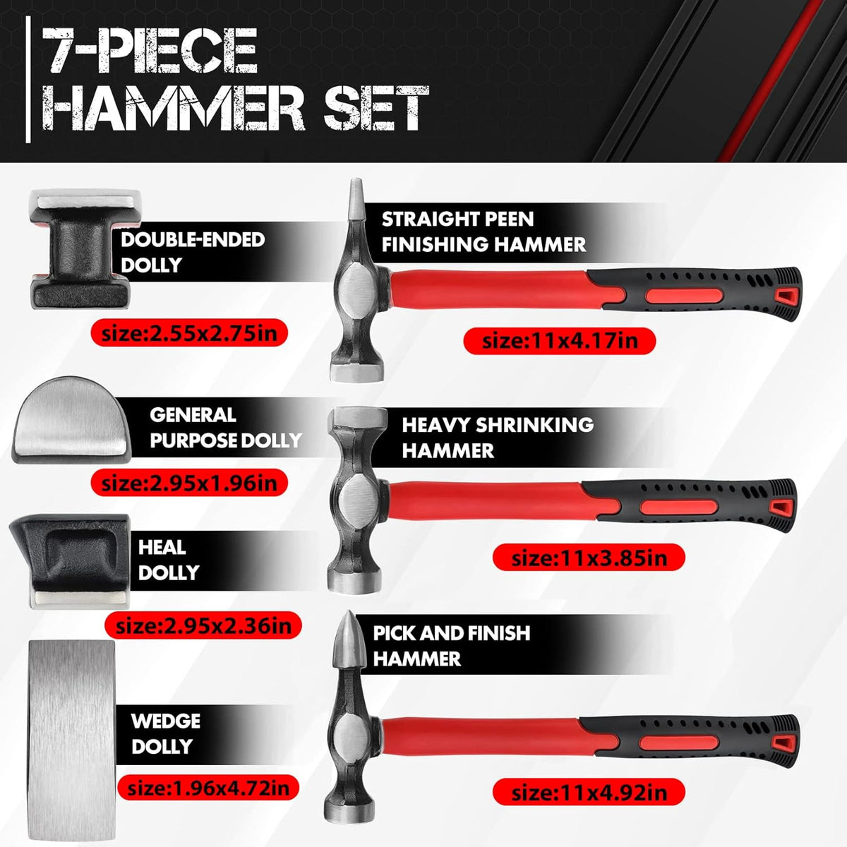 C&T Auto Body Repair Tool Hammer Dolly Set 7 Piece, Car Body Repair Tool Kit with Carrying Case, Carbon Steel Dolly and Hammer Dent Body Fender Tool Set