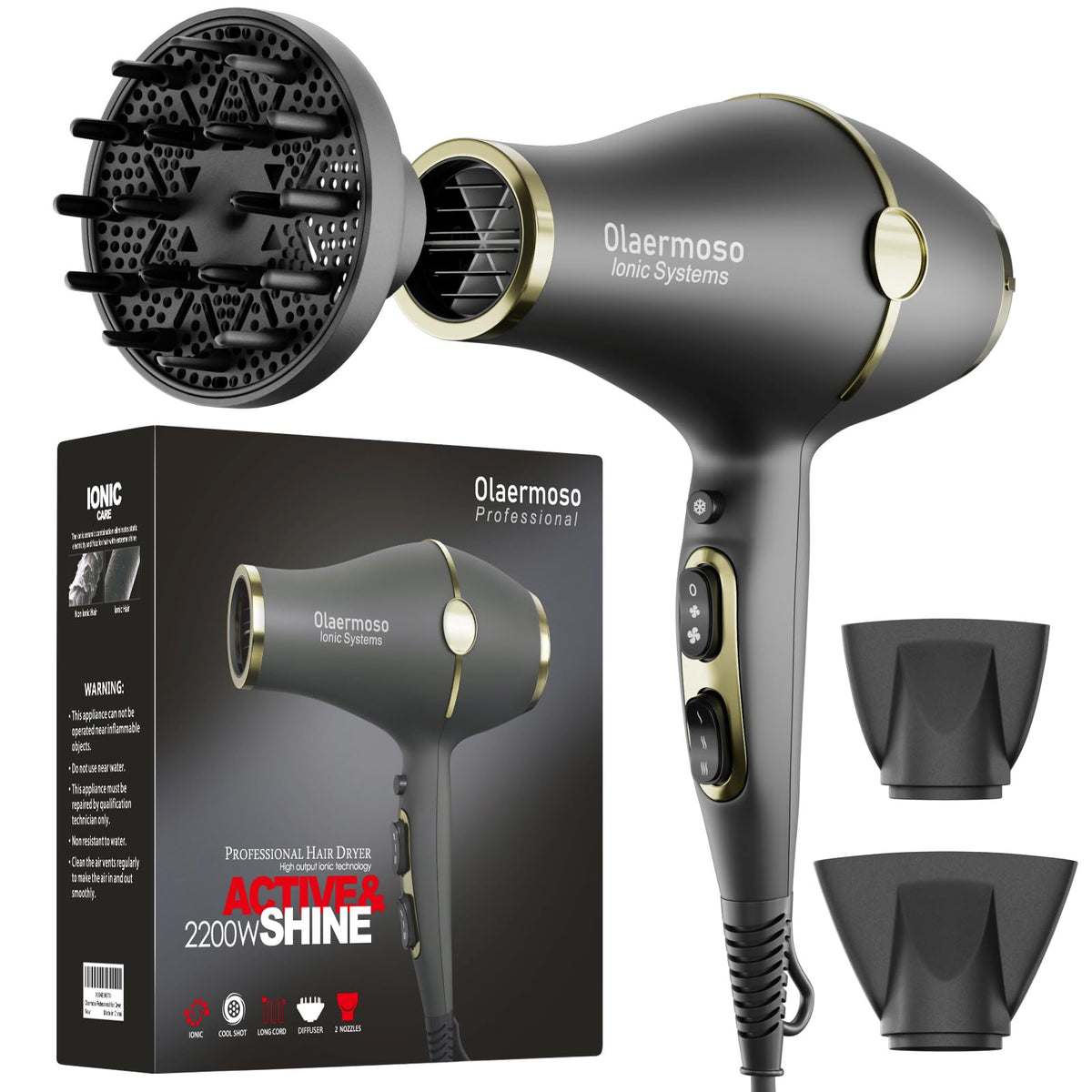 Hair Blow Dryer with Ionic Systems,Diffuser Hair Dryer with & 2 Nozzles,2200W Professional Blow Dryer Powerful Motor for Quick Dry,Hair Dryers for Women and Men,Cool Shot Feature