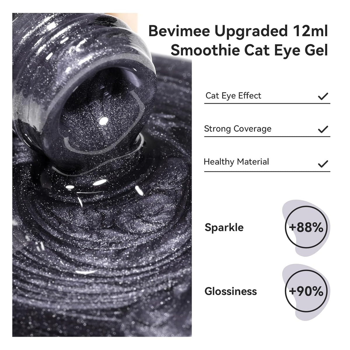 Cat Eye Gel Polish - Black, Glitter Magnetic Nail Polish Moonlight, Cateye Polish With Magnet Stick Holographic Shimmer Cateye Effect, UV Velvet Gel Nail Art Manicure Salon DIY Home, 12ML