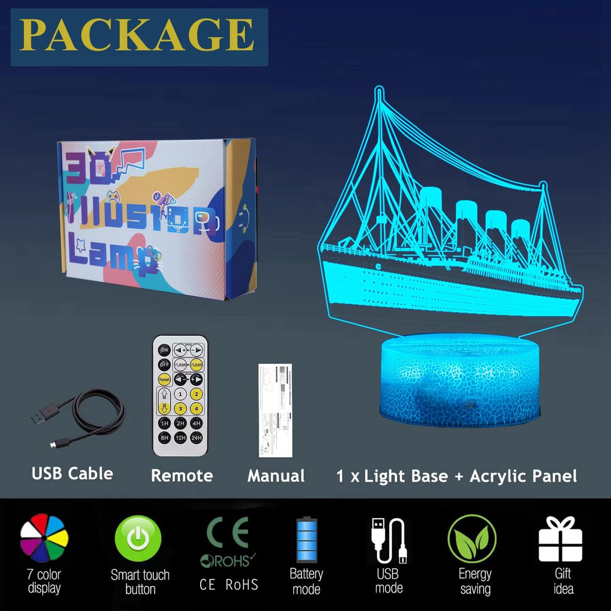 Ship 3D Night Light, Cruise Lamp for Kids with Remote Control 7 RGB Color Timer, Cool Toys Model, 3D Lamp Gift for Boys Girls Room, Birthday Xmas Christmas Gifts for Kids