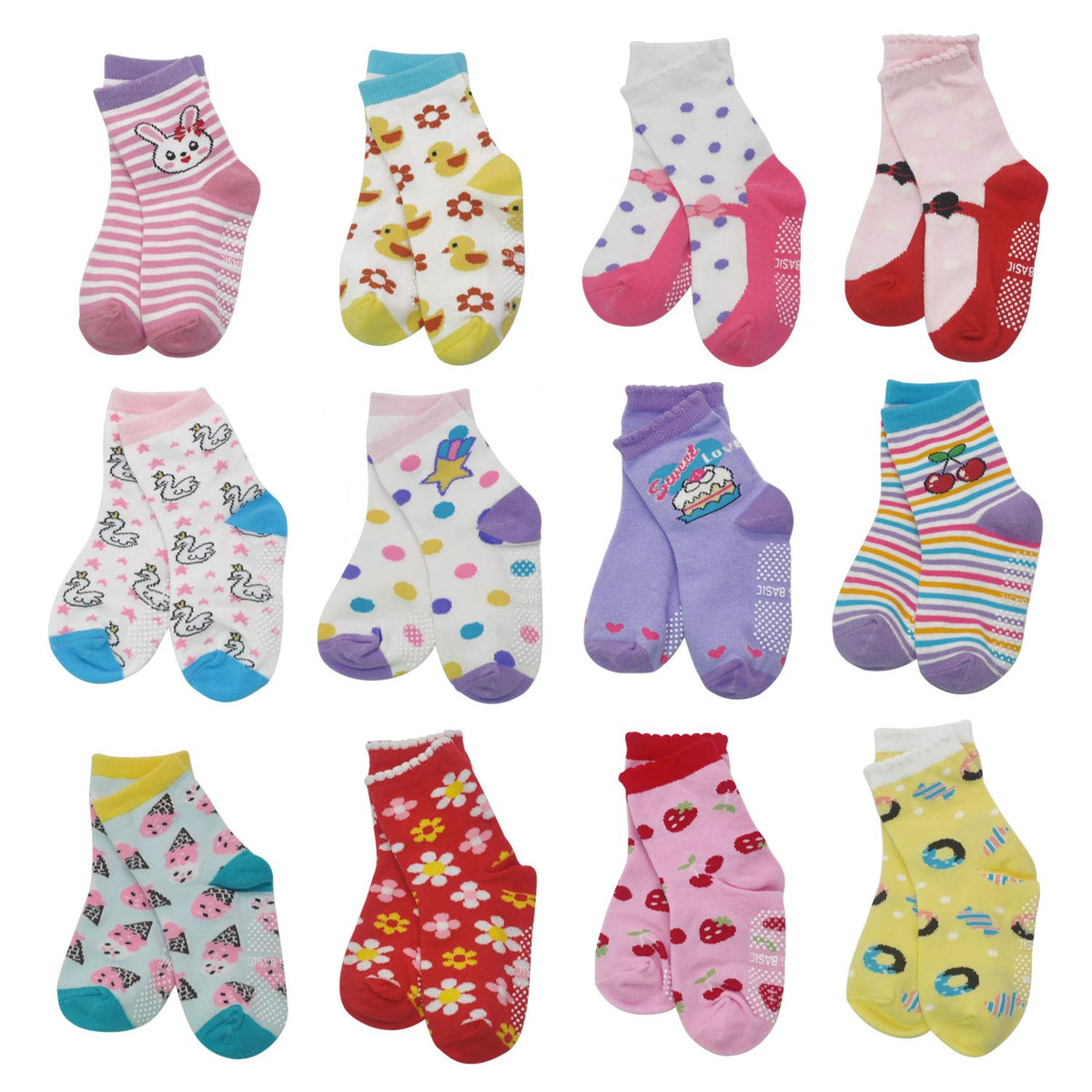 SkiBeaut Toddlers Girls Socks, 12 Pairs Kids Non Slip Sticky Slippery Crew Children Grippy House Toddler Boy Girl Socks with Grips for 12-36 Months 1-3 Years Old