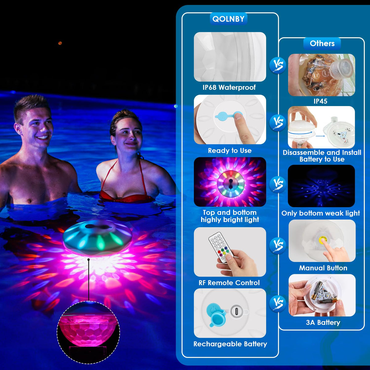 QOLNBY Floating Pool Lights, Pool Light with 6 Dynamic Lighting Effects, IP68 Waterproof Pool Lights That Float, Rechargeable RGB Upper and Lower Color Changing Lights for Hot Tub, Patio 4 Pack