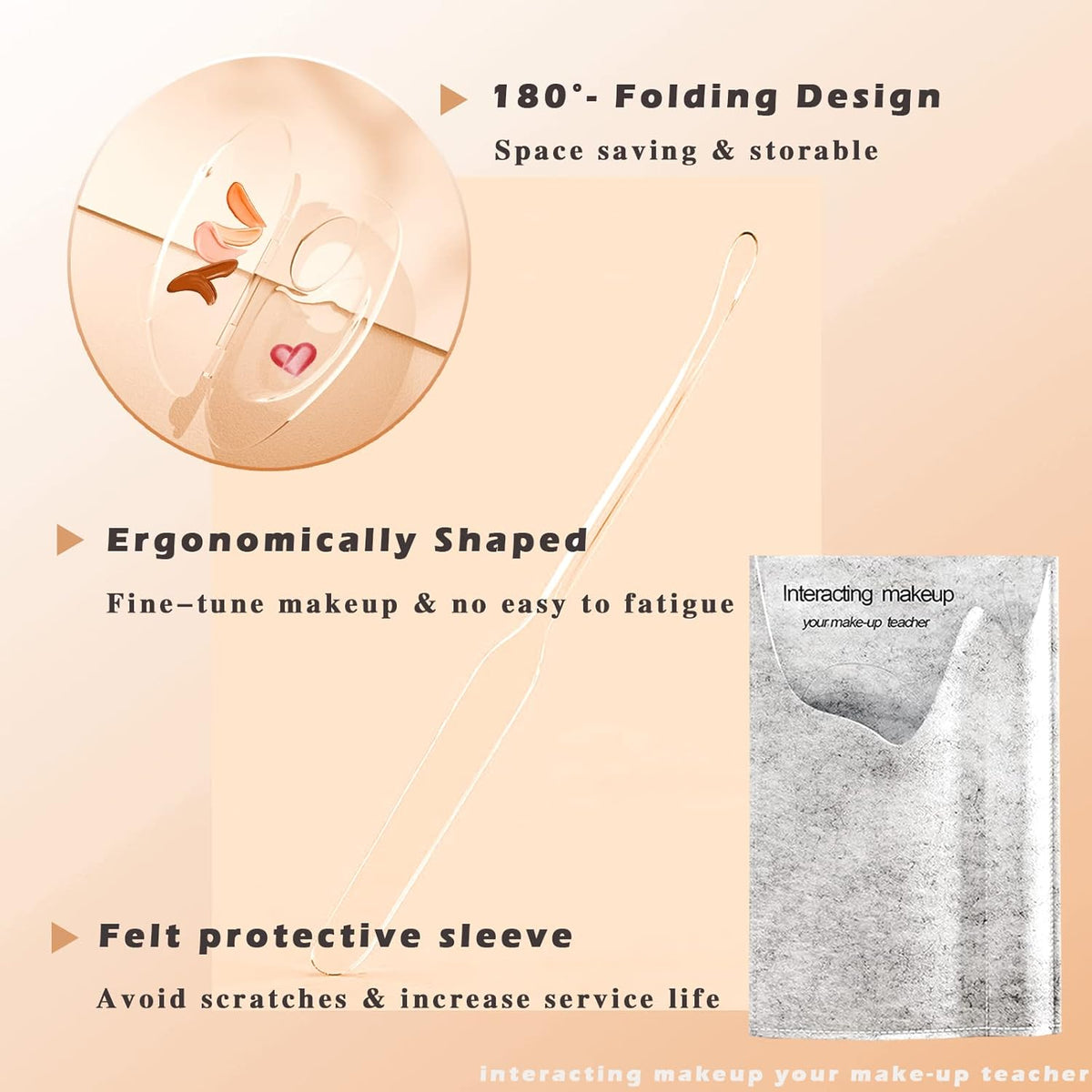 180 Degree Folding Acrylic Makeup Mixing Palette, Plastic Foundation Makeup Facial Palette with Felt Bag, Transparent Spatula Tool for Eyeshadow Liquid Foundation Cosmetic Pigment Mixing