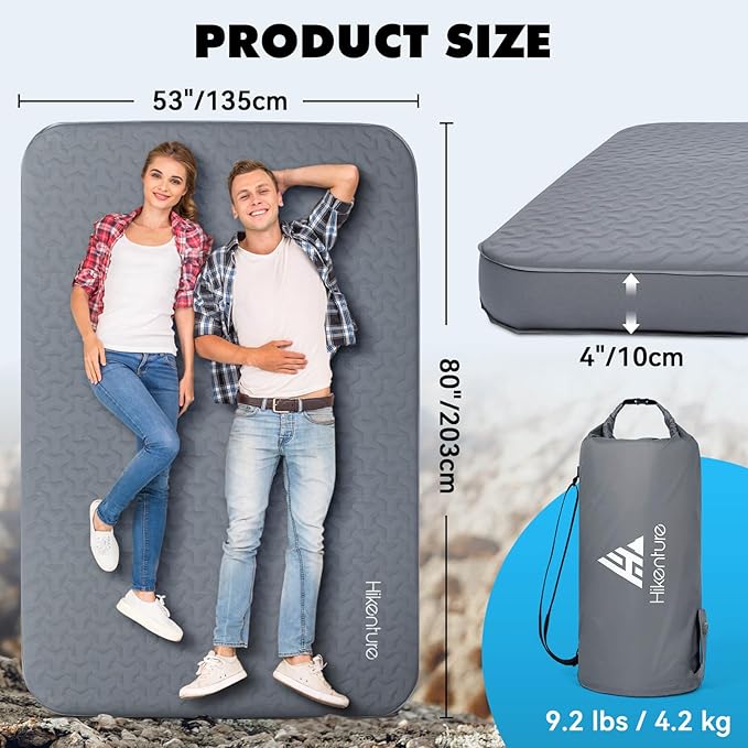 Hikenture 4" Thick Self Inflating Sleeping Pad with Electric Pump, Ultralight Foam Camping Mattress 2 Person, 9.5 R-Value Insulated Sleeping Mat, Portable Double Camping Pad for Tent, Car, Truck
