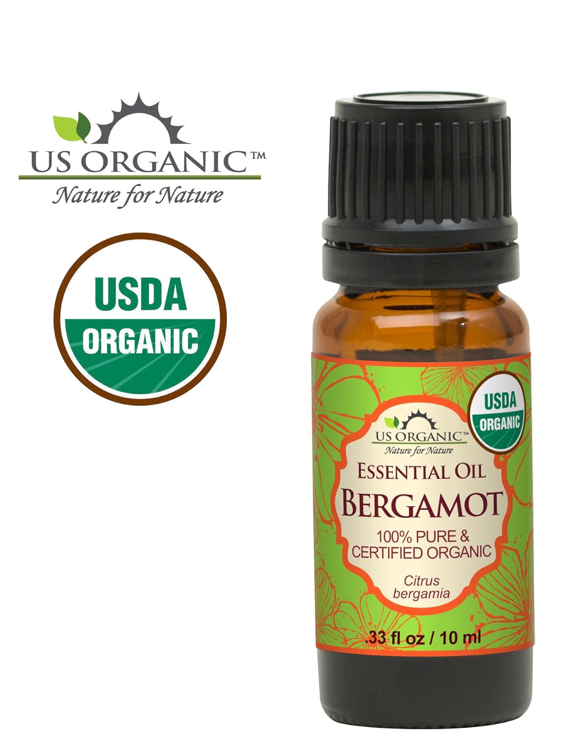 US Organic 100% Pure Bergamot Essential Oil, USDA Certified Organic, Cold Pressed, with Euro droppers (More Size Variations Available) (10 ml / .33 fl oz)